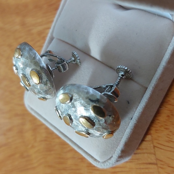 Vintage Textured Silvertone With Gold Screwback Button Earrings - Picture 2 of 4